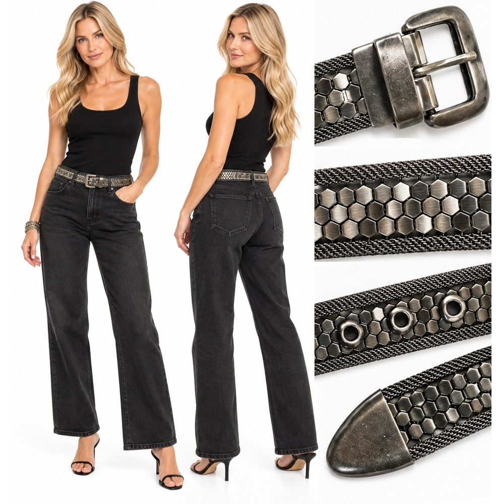 Nordstrom Belt M Silver Metal Mesh Hex Stud Industrial Metalcore Y2K Moto Grunge